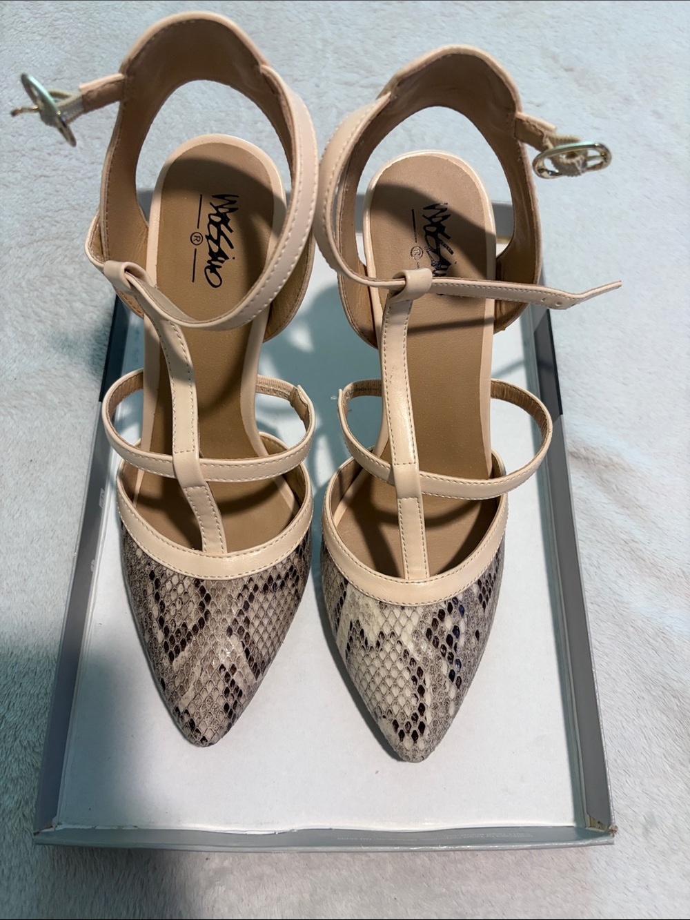 Mossimo Supply Co. Nude Snake-Print Pointed T-Strap Heels